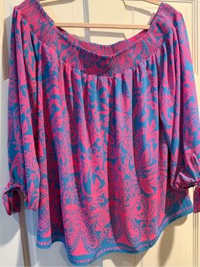 Lilly Pulitzer Pink Floral Off-Shoulder Blouse on Blue
